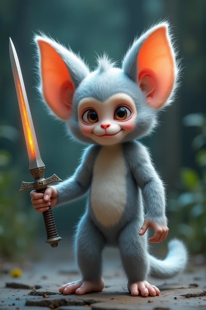 A cute little monster half monkey half rabbit, have only 2 ears look like rabbit, stands with 2 legs, furry, grey furs, holds great lighting sword, no monkey ears