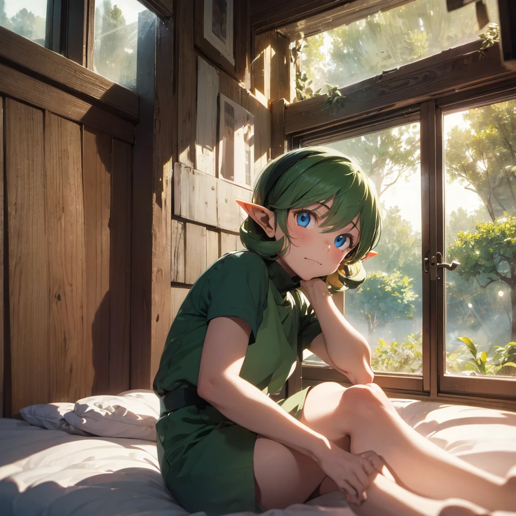 1girl, inside treehouse Bedroom setting, blue eyes, in bed, short and thin Saria has green curly hair, masterpiece, best quality, looking at viewer, hurt and angry expression, saria \(the legend of zelda\), long pointy ears