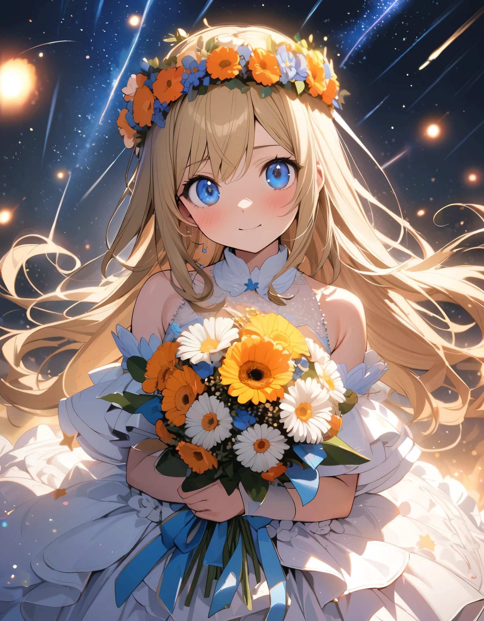 1 idol,solo,17yo,holding a bouquet,amazing quality, aesthetic, aesthetic,ultra-detailed face,detailed eyes,round eyes,blue eyes,blonde hair,long hair,gerbera hybrida decoration bareback wedding dress,Gerbera flower crown,Gerbera garden,(Meteor shower,star and hart effect:1.3),highly detailed illustration,masterpiece,8K,top quality