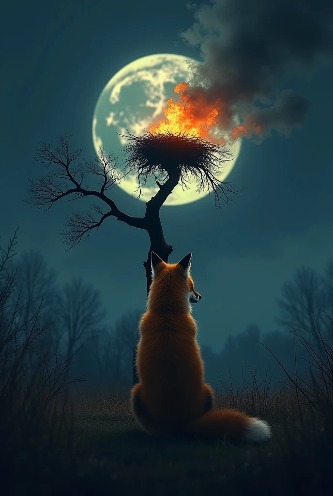 Fox is sad face Infront the tree where the eagle is burning above her nest background is black  moon night and  video aspect ratio 16.9