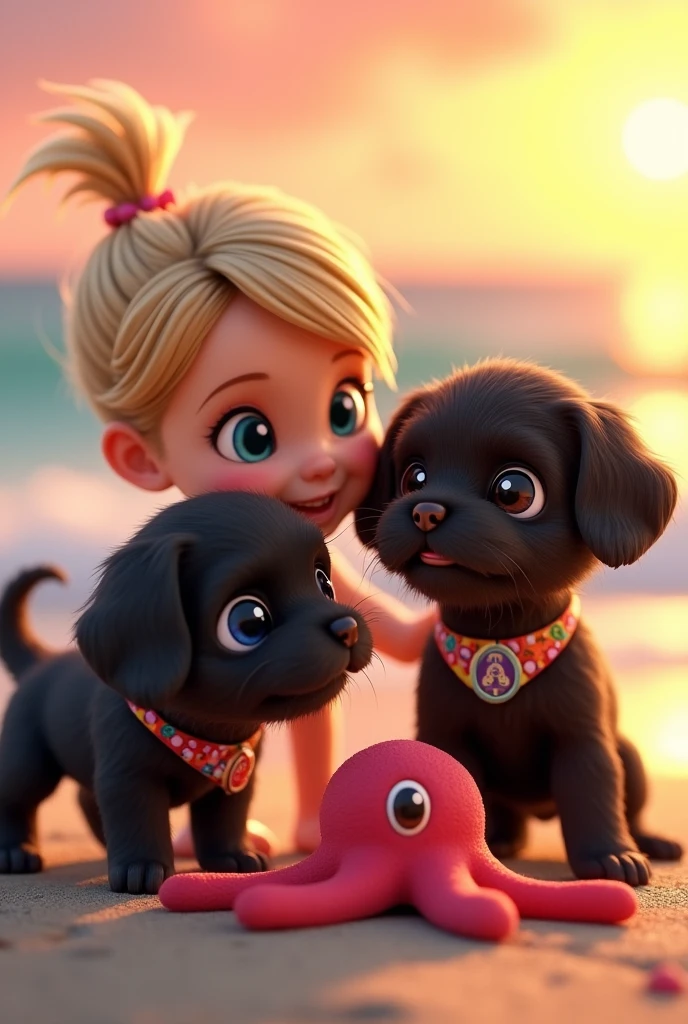 2 adorable black shih tzu puppies, cute blonde girl, extremely detailed big blue eyes, detailed face, beautiful lips, long eyelashes, wearing colorful collar and bandana, playing with cute octopus, 3D Pixar style, at beach, sunrise in background, photorealistic, (best quality,8k,highres,masterpiece:1.2),ultra-detailed,(realistic:1.37),HDR,vivid colors,studio lighting