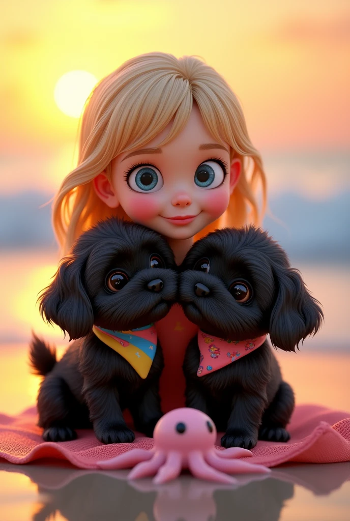 2 adorable black shih tzu puppies, cute blonde girl, extremely detailed big blue eyes, detailed face, beautiful lips, long eyelashes, wearing colorful collar and bandana, playing with cute octopus, 3D Pixar style, at beach, sunrise in background, photorealistic, (best quality,8k,highres,masterpiece:1.2),ultra-detailed,(realistic:1.37),HDR,vivid colors,studio lighting