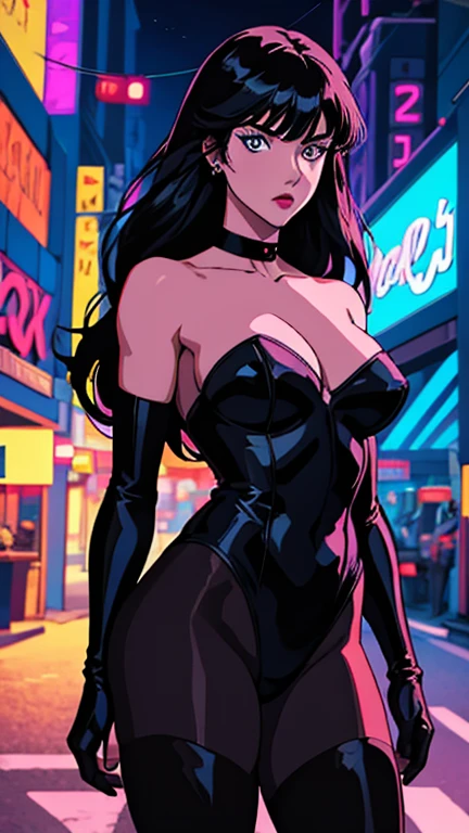 (1girl, CARTOON_DC_JL_ZatanaDark_ownwaifu)), (extremely detailed CG unit 8k wallpaper),(master part), (best quality), (ultra detail), (best illustration),(lora:80'sFusion:0.6), cowboy shot, (Sharp eyeliner, ombre, detailed eyes:1), midnight, neon light city background, ,break , (neon_pop art style), black_hair,long_hair,fishnet_legwear,pantyhose,magician,white_gloves,