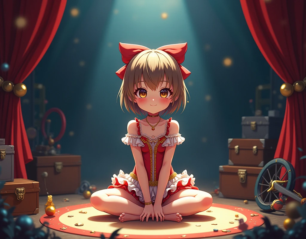 cute anime girl in a circus performer costume, sitting in the circus back room alone.