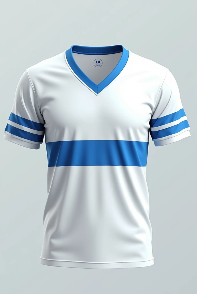 make a white V-neck shirt in blue with a central white stripe, sleeves with blue stripe on the edge and a blue stripe in the horizontal position. Make the shirt in front and back position on the same image