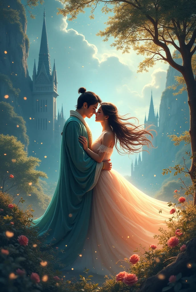 Create a cover for a fanfic about Lee Minho a prince and Han Jisung a wingless fairy. The fanfic's name is Light and Magic, the destiny of two hearts. 
