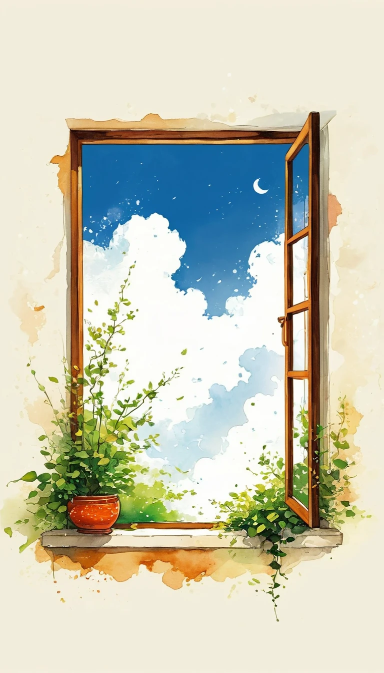 中国水墨画sketch：Light Ink，Lowercase，sketch，artistic conception，window，cloud，Minimalism，(((Negative Space,Bottom left composition)))