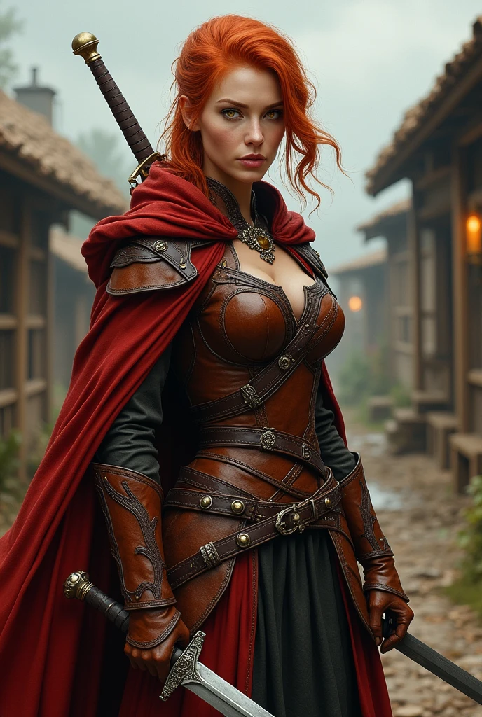 a one woman, 30years, redheadwear, yellow  eyes, arched eyebrow, he would be, detailed leather clothing, red cloak, sword in the back, village background.