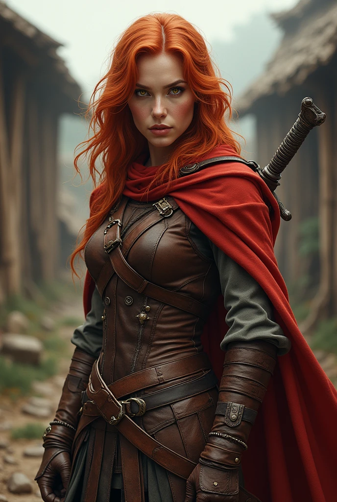 a one woman, 30years, redheadwear, yellow eyes, arched eyebrow, he would be, detailed leather clothing, red cloak, sword in the back, village background.