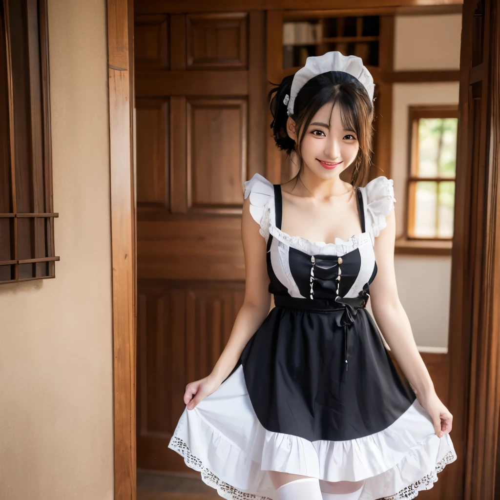 Full body photo,1 person, Flirting on camera, Pause,Wearing French Maid Clothes,Cute Face,Maid Apron, Maid's Headdress,Waist apron, Exposing shoulders, Black Dress, Wearing pantyhose,smile, Frill apron, black high-heeled shoes, White ribbon, shoes, Elbow hand pockets, White apron, Black gloves, button, White ribbontie, , kitchen (Realistic:1.3), In detail, quality, Rembrandt Lighting, (masterpiece:1.2), (photoRealistic:1.2), (best quality), (Detailed skin:1.3), (Intricate details),