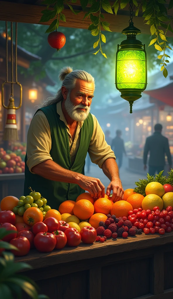 La qualité d'image est réaliste, la lanterne verte vend des fruits.