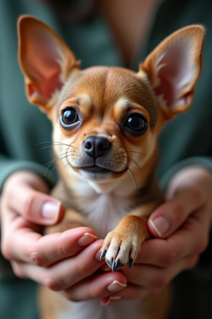 Chihuahua being held by two hands, closeup