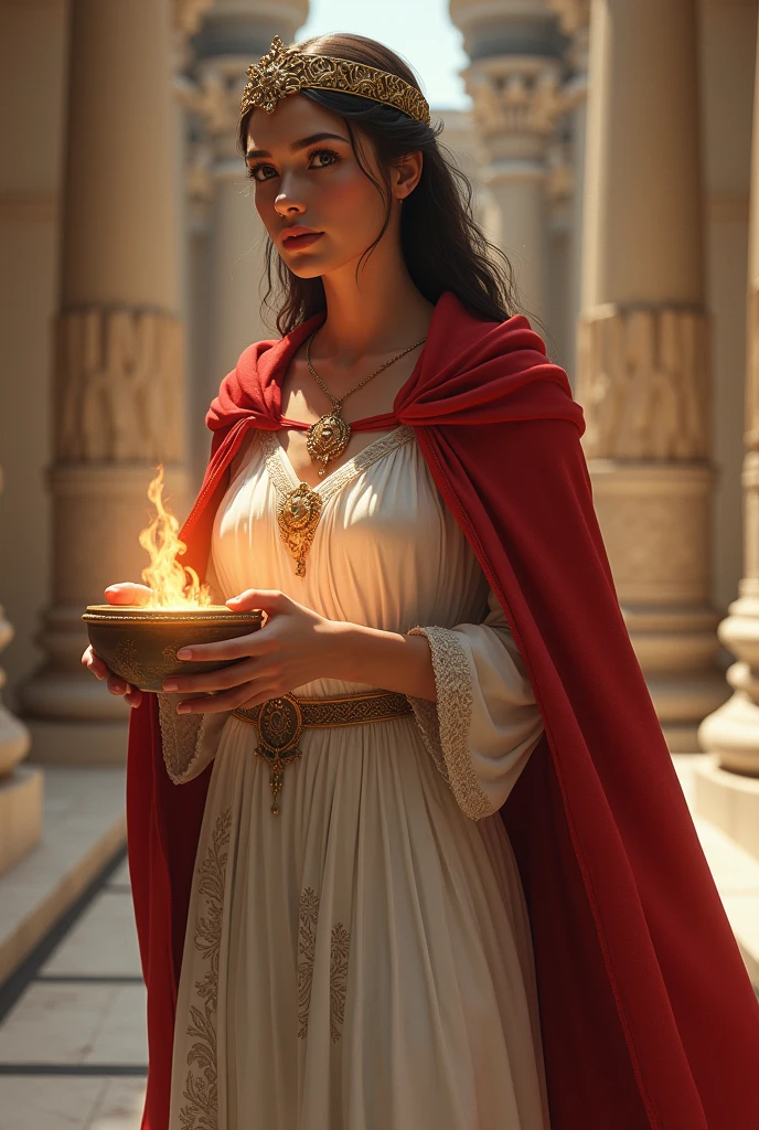 Greek Goddess Hestia holding a small pot with fire wearing white dress and red cape with hood and crown with golden necklace and bracelet front view and HALF BODY. And palace background 