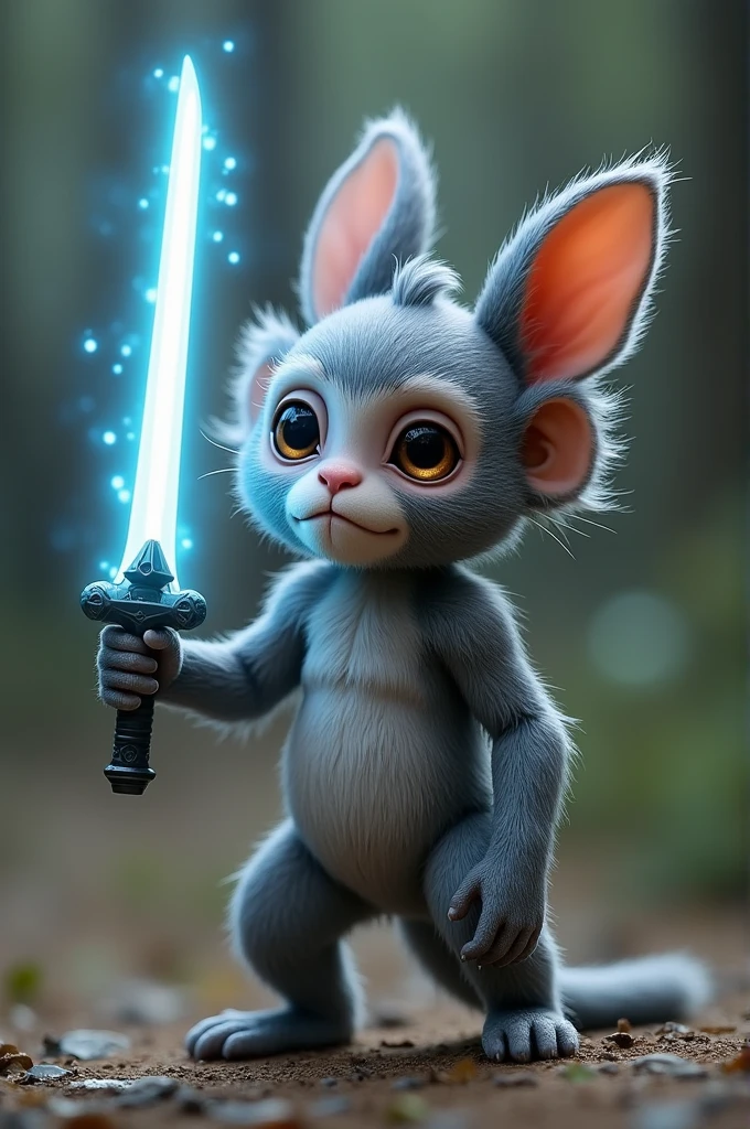 A cute little monster half monkey half rabbit, have only 2 ears look like rabbit, stands with 2 legs, furry, grey furs, holds great lighting sword, no monkey ears