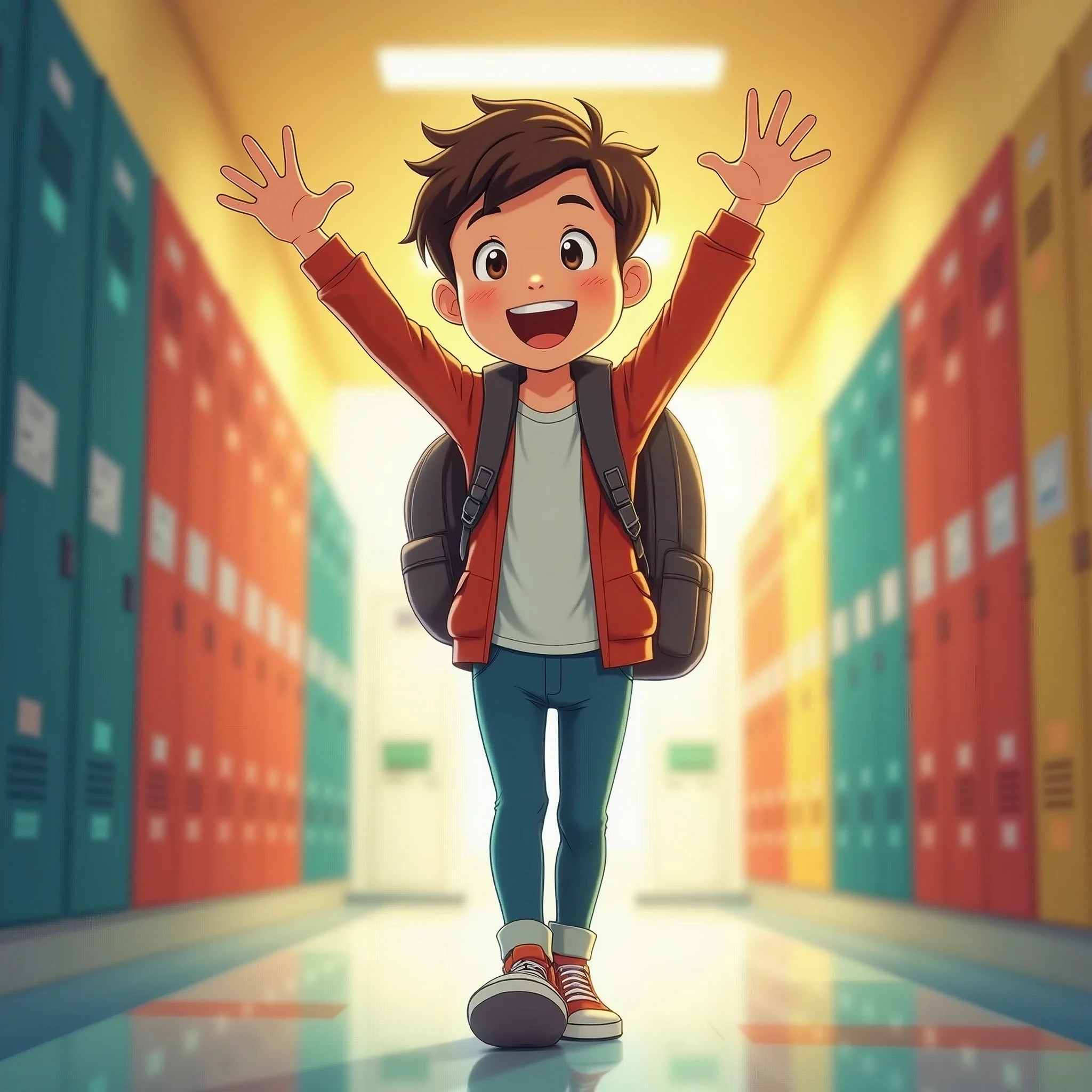 Create an image of a single student excitedly returning to school. The student must be carrying exactly one backpack and walking through the school hallway, with hands in pockets (ensuring hands are not visible). The hallway should be vibrant and colorful, with lockers and classroom doors visible in the background. The student should be smiling and looking forward with anticipation. EasyNegative, (worst quality, low quality:1.4), (((deformed))), distortions in the hands, face, and other parts, more than 1 character, more than 1 backpack, hands visible
