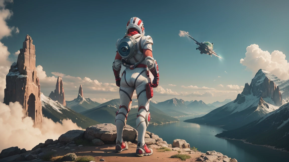 (35mm style:1.2), Highly detailed RAW color photo, woman Perfect back angle, full body, of (Female space marine, wearing sexy white and red space suit, futuristic helmet, dyed face shield, rebreather, sharp booty) , outdoors, (standing on Precipice of tall rocky mountain, looking at the verdant and magical rainforest on the alien planet), Vivid details, (Exotic alien planet), Perfect toned body, perfect big ass, (sci-fi), (mountains:1.1), (verdant vegetation), (two moons in the sky:0.8), (Highly detailed, hyper-detailed, Intricate), (lens flare:0.7), (Bloom:0.7), particle effects, ray tracing , cinematic lighting, shallow depth of field, photographed on a Sony a9 II, 35mm wide-angle lens, sharp focus, cinematic still from Gravity 2013, seen from behind, Dynamic Angle