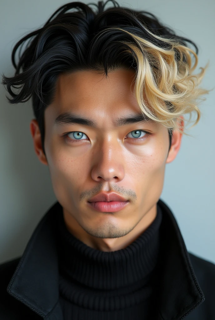 Handsome asian man with blonde curly hair black roots and light blue eyes
