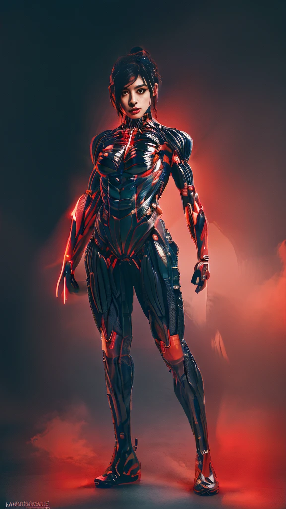 A single Japanese woman, light-skinned, with 80s Japanese hair style, both eyes glow red, wearing full body cybernetic android suit black with red accents, cloths made from red copper and carbon fiber, 
absurdres, highres, ultra detailed,
BREAK
, Create an image using a prism effect, with light refracting and creating a colorful, kaleidoscopic appearance.
BREAK
, Design an image with a fisheye lens effect, capturing a ective.
BREAK
, Capture a city scape, with towering buildings, dappled sunlight, and a sense of tranquility and natural beauty.
BREAK
, Illustrate a dystopian world, using only clean shades , clear focused colors to convey depth, emotion, and a striking visual impact.