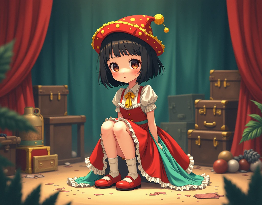 cute anime girl in a circus performer costume, sitting in the circus back room alone, neutral face.