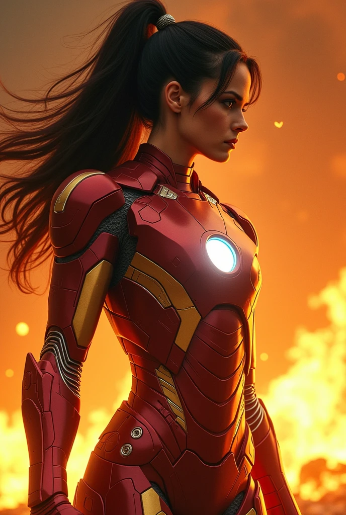 (Masterpiece:1.2, Highest quality,Ultra high resolution,Superb details),8ก,Wallpaper,(Armor-clad style),Woman in Iron Man armor , black hair,Random hairstyle,(Fire Ninja),(Orange color),(detailed face:1.3),(fine texture:1.3),(cowboy shoot),(Background is flames and ashes:2.0),(Ready for battle,Holding energy fireballs in your palm,Glowing electronic parts of the armor.),(detailed hands:1.8),(Flashy special movement effects:2.0)