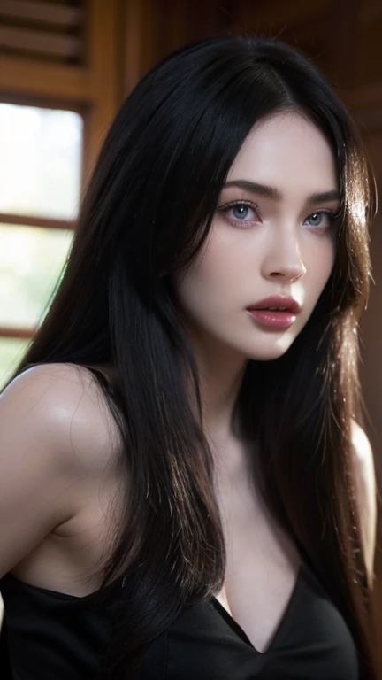 full body masterpiece, ultra realistic, 16k, high quality, incredibly detailed, dream aesthetic, dream atmosphere, cinematic, (sharp focus : 1.5), (photorealistic : 1.3), gothic (Gorgeous gothic girl), megan fox (2009), defined jaw, square face, wonderful gothic girl (enchanting seductress), cinematic, detailed, 16k sharp focus, realistic. wonderful. Seductive (evil). black hair (realistic texture), highlighted, silky and shiny hair, detailed hair (realistic), (natural). wonderful detailed face (enchanting seductress). blushed cheekbones (rosy cheeks), tanned skin, (white skin) alabaster skin that seems to glow ethereally. Her attire is gothic. Voluptuous shape. turquoise blue eyes (evil eyes look). a symmetrical face ::2 gothic clothes + ArtStation Trends + fantasy art + realistic cloth + fractals in the background, loose hair --aspect 9:21 – enhance your unearthly beauty. realistic skin texture, pale white skin illuminated. realistic perfect shading. absurd, realistic textures. alone, alone, 1 girl. Looking at the viewer. muscular female body, hot body, toned body, defined muscles. big natural breasts, cleavage. pantyhose, gothic (black) dress (realistic texture). In different positions at different angles. Bedroom background. incredibly real, best quality, photorealistic.  