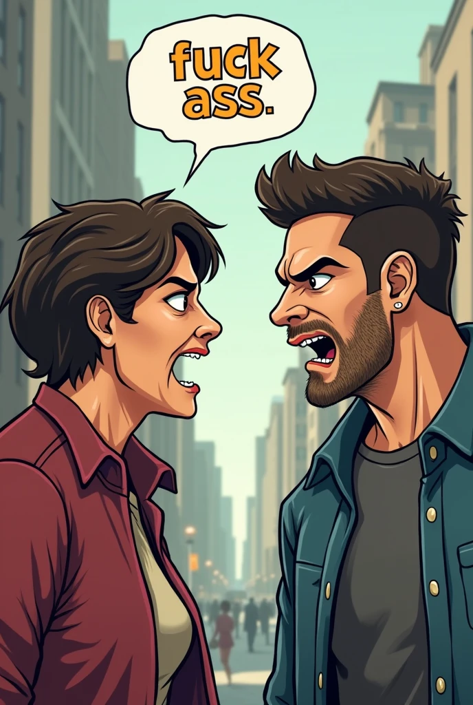 Two people calling each other "fuck-ass". Put the words "fuck ass" in a text bubble above their heads.