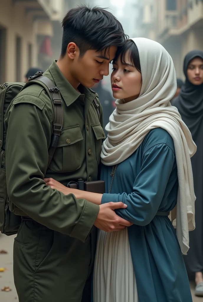 A young military man , tightly holding arm of a girl, the girl wearing a white loose trouser, blue tunic upto the knee, a white scarf covering her head 