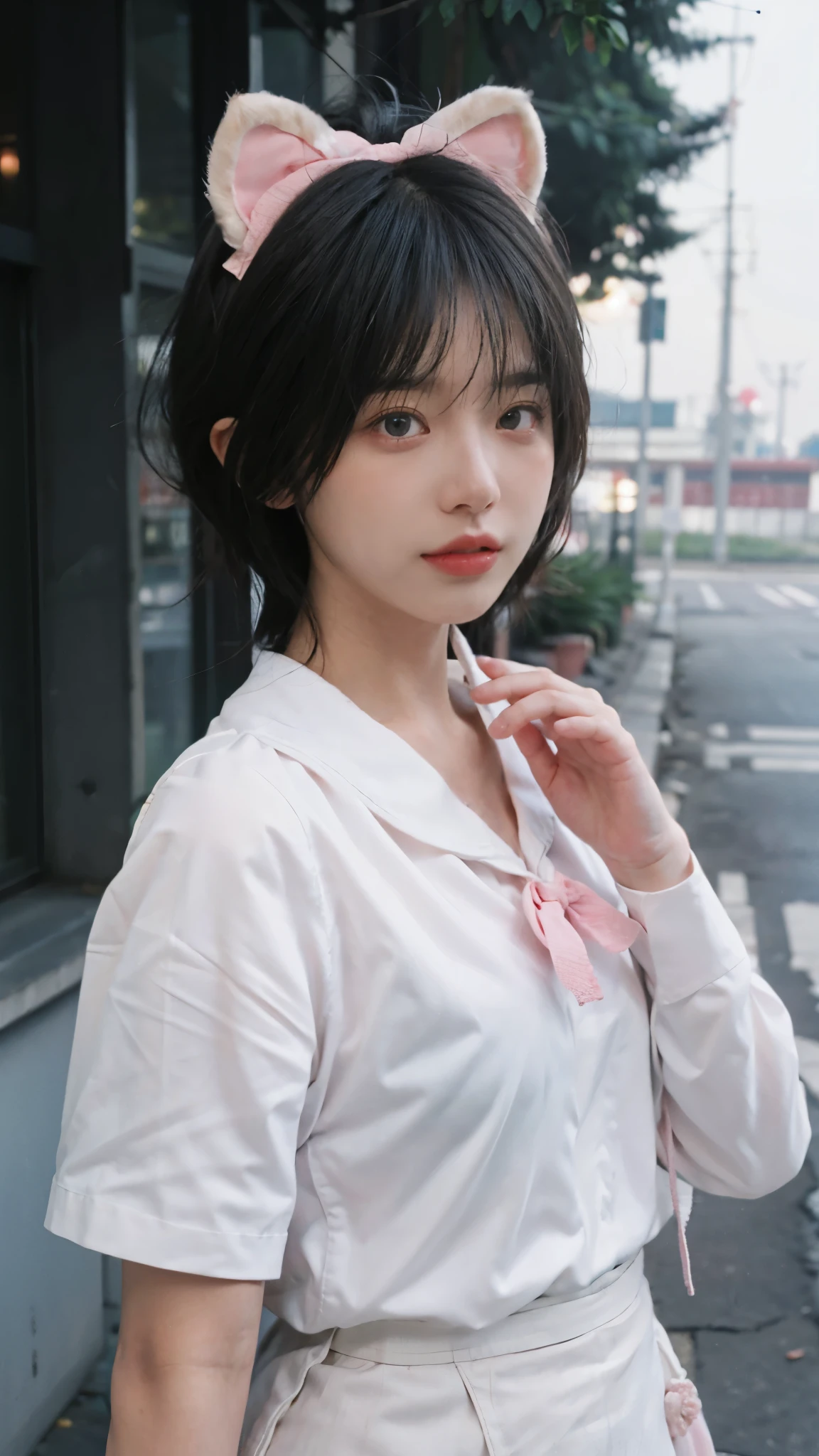 Ski style, 1 girl, Solitary, Pink Hair, Animal ears, blue eyes, wing, Looking at the audience, Bangs, short hair, bow, Sailor collar, white Sailor collar, hair bow, pink bow, shut your mouth, shirt, white shirt, Bear ears, Bob Cut, mini wing, portrait, detached wing, cosmetic, Upper Body, City background