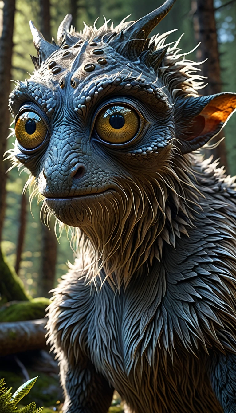 In the mountains and forests,A creature with a human face and four eyes(best quality,4K,8k,High level,masterpiece:1.2),Ultra Detailed,(lifelike,Photo real,Photo real:1.37),Highly detailed animals,Complex patterns,Realistic lighting
