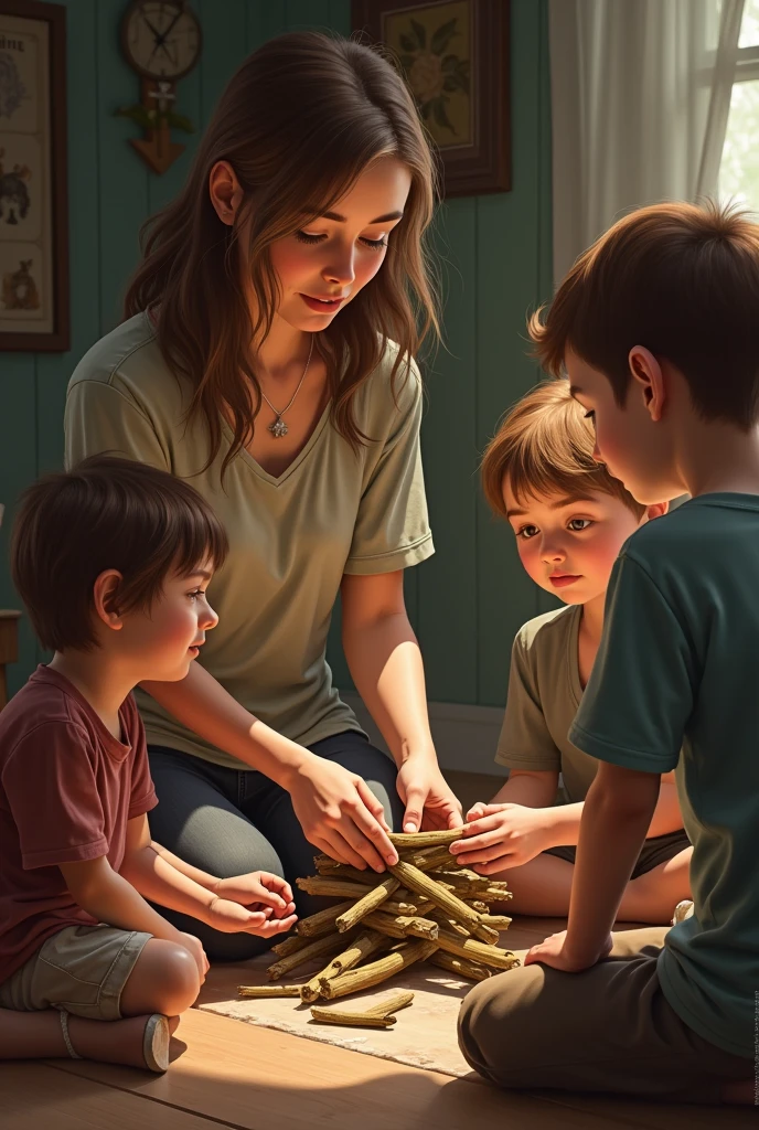 Stacy takes the bundle apart, one stick at a time. She gives each of her 3 sons a single stick, and they easily break them.