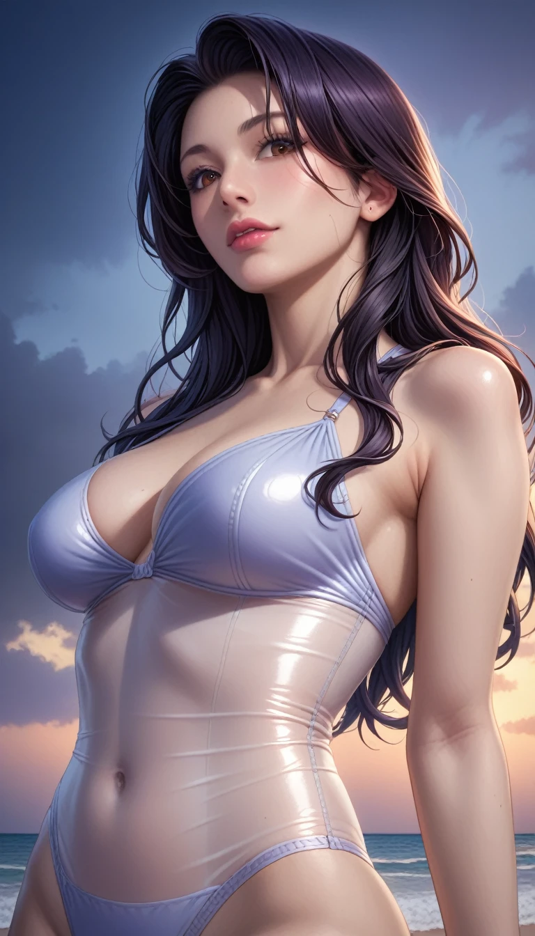 score_9, score_8_superior, score_7_superior, High-resolution CG illustration,A masterpiece in 32K resolution,Highest quality,it is really amazing,Very detailed,Ultra-high resolution,Ultra-realistic,Realistic,Increased depth of field,Cinematic lighting,
Sexy mature Japan woman,
Straight long hair with black hair,Ultra-detailed and beautiful face,Calm and gentle look,Beautiful brown eyes,Translucent white skin,Realistic skin texture,Great proportions,
Elegant swimwear,
Artistic design,Chic color scheme,Detailed fabric texture,
Dark overcast sky on a dull night,Dark clouds filling the sky,Thundercloud,Coastline at night,Stormy seas,delay々A desolate sandy beach that continues,
Cinematic,Low - Angle,