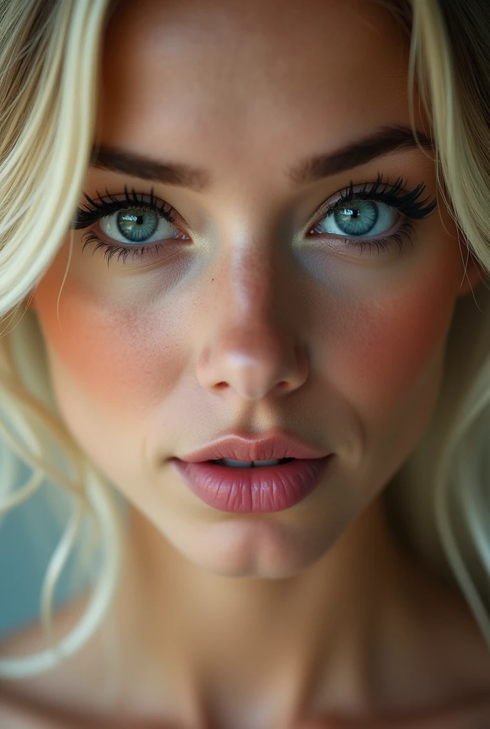 Ultra close-up portrait of a Southern Belle, her blonde hair, soft lips and blue eyes the focus on the image, the dark mascara on her lower lids presents a striking image.