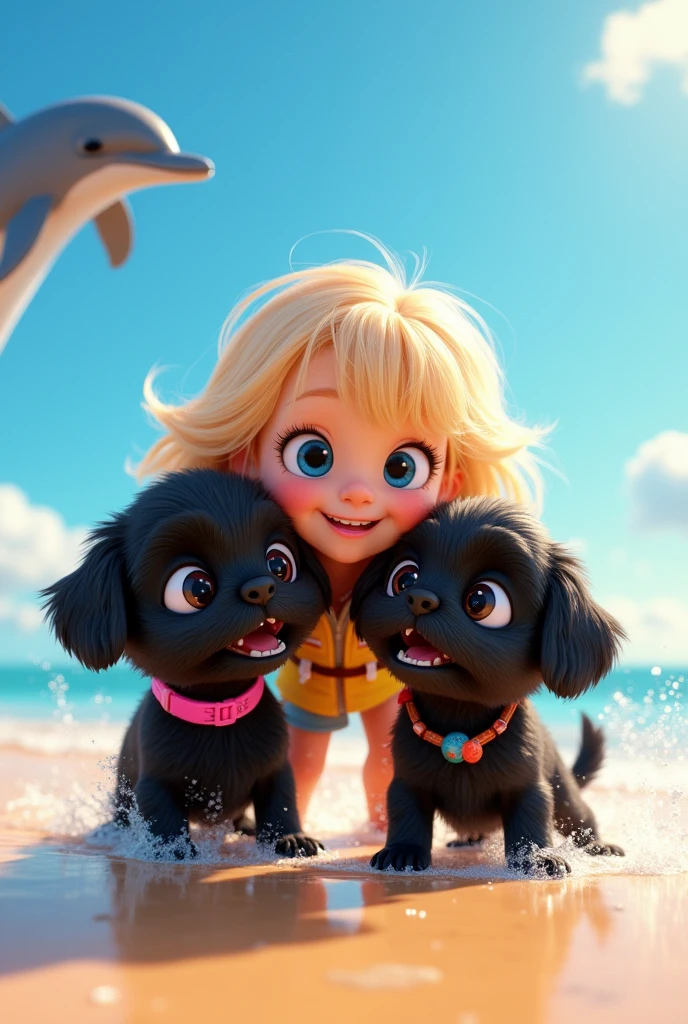 2 cute black shih tzu puppies, cute blonde girl, extremely detailed big blue eyes, colorful collar and life jacket, swimming with cute dolphin, 3D Pixar style, at beach, photorealistic, (best quality,8k,highres,masterpiece:1.2),ultra-detailed,(realistic:1.37),HDR,vivid colors,studio lighting