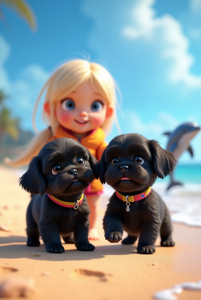 2 cute black shih tzu puppies, cute blonde girl, extremely detailed big blue eyes, colorful collar and life jacket, swimming with cute dolphin, 3D Pixar style, at beach, photorealistic, (best quality,8k,highres,masterpiece:1.2),ultra-detailed,(realistic:1.37),HDR,vivid colors,studio lighting