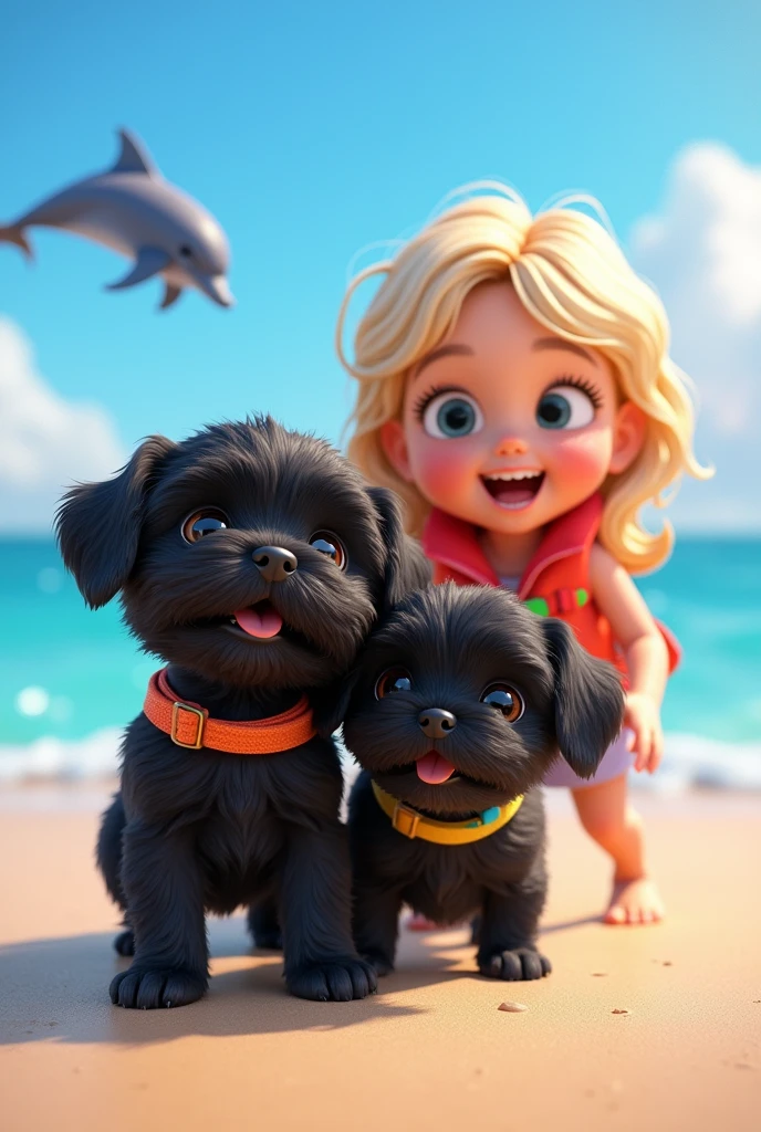 2 cute black shih tzu puppies, cute blonde girl, extremely detailed big blue eyes, colorful collar and life jacket, swimming with cute dolphin, 3D Pixar style, at beach, photorealistic, (best quality,8k,highres,masterpiece:1.2),ultra-detailed,(realistic:1.37),HDR,vivid colors,studio lighting