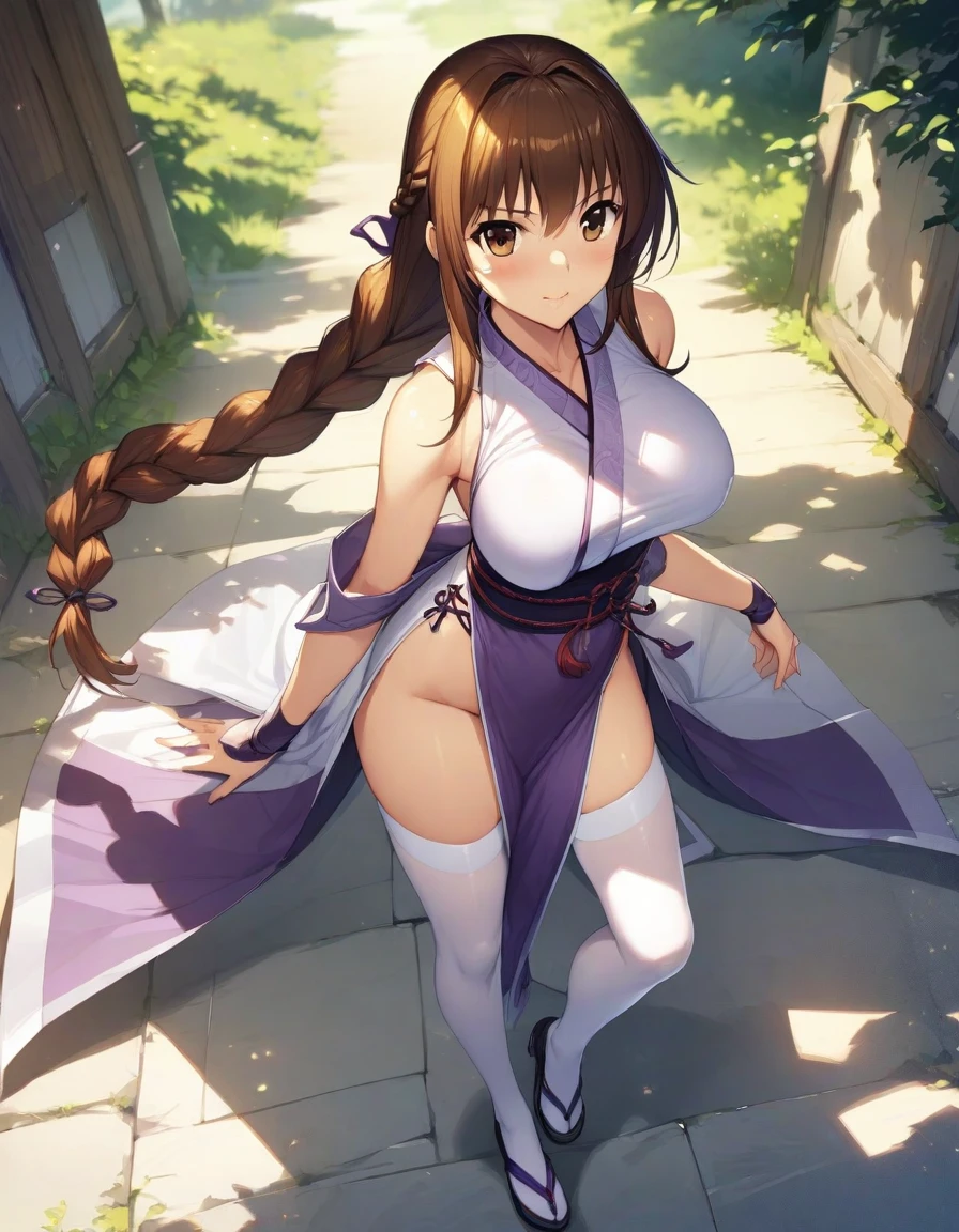 (masterpiece),(Highest quality),(Very detailed),(Best illustrations),(Best Shadow),(Absurd),(Detailed Background),(so beautiful), One girl, alone, Kasumi(QG), pelvic curtain, brown eyes, brown hair, thighhighs, long hair, braid, large breasts, white thighhighs,