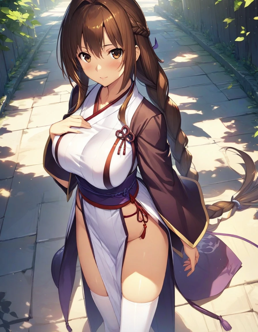 (masterpiece),(Highest quality),(Very detailed),(Best illustrations),(Best Shadow),(Absurd),(Detailed Background),(so beautiful), One girl, alone, Kasumi(QG), pelvic curtain, brown eyes, brown hair, thighhighs, long hair, braid, large breasts, white thighhighs,