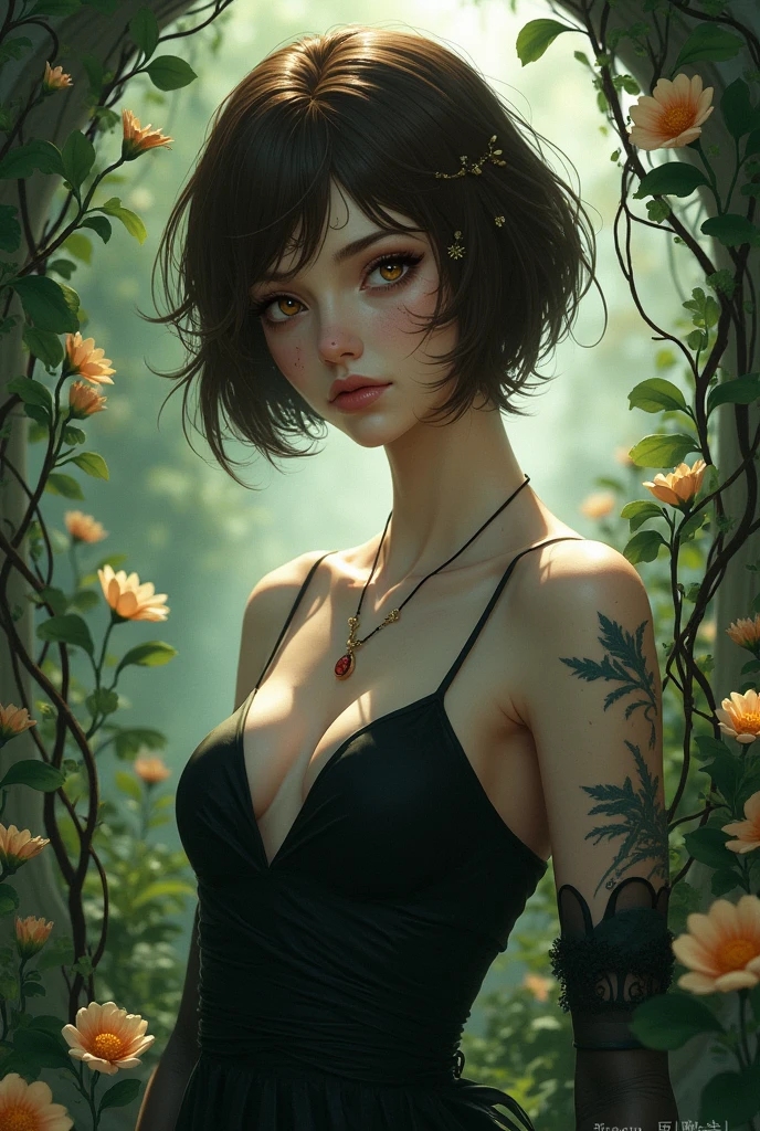 The goddess of nature that have a short brown hair pair with her different eye colors the right eye is brown while the other are pure white, with a black dress pair with the flowers leaves and scars on her skin, with a scary monsterus look but beautiful 