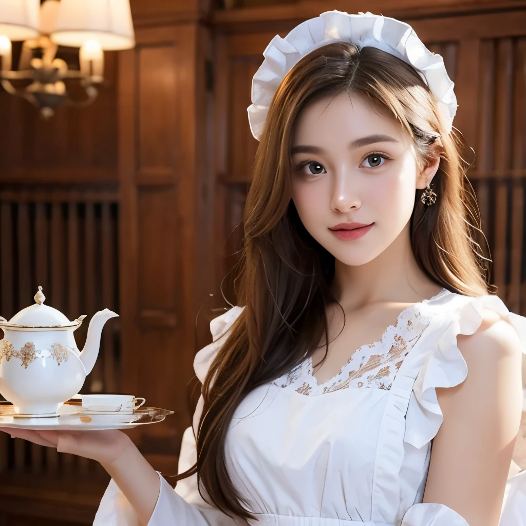 (Realistic:1.3), In detail, quality, Rembrandt Lighting, (masterpiece:1.2), (photoRealistic:1.2), (best quality), (Detailed skin:1.3), (Intricate details), dramatic, Ray Tracing, One person, Japanese, 21 years old, Detailed skin texture, (blush:0.5), (It gives me goosebumps:0.5), Scattered beneath the surface, smile, Medium chest, Long Hair, Blonde, bangs, Traditional maid, Long dress, hat, Lace trim, Frill apron, Holding (Silver serving tray:1.1) with teapot and teacups, Cowboy Shot, (indoor, A noble's mansion, living room, Luxurious, Brilliant, curio, Decorations), 