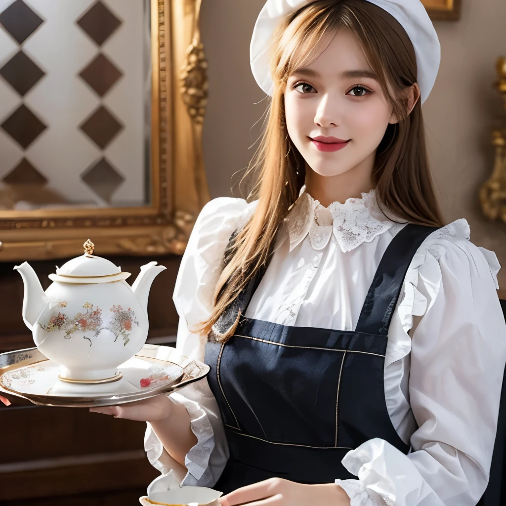 (Highest quality, masterpiece, High resolution:1.2), detailed, Preparing tea , 10 year old girl in maid outfit, Busy but elegant work,