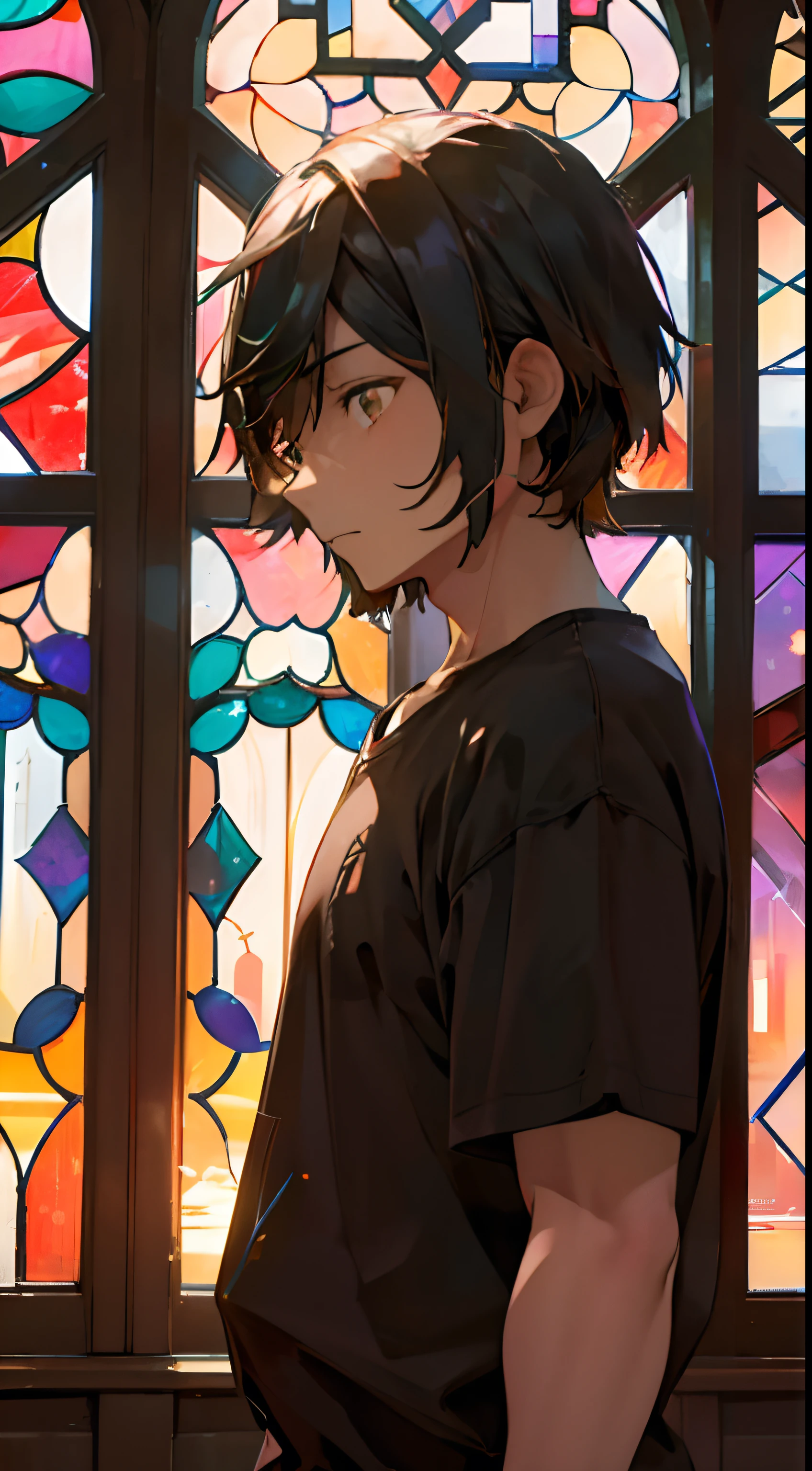 Good things happen，alhaitham (Genshin Impact), 1 male, (Solo:1.4), whaite hair, Standing in front of a stained glass window, dramatic sunset lighting