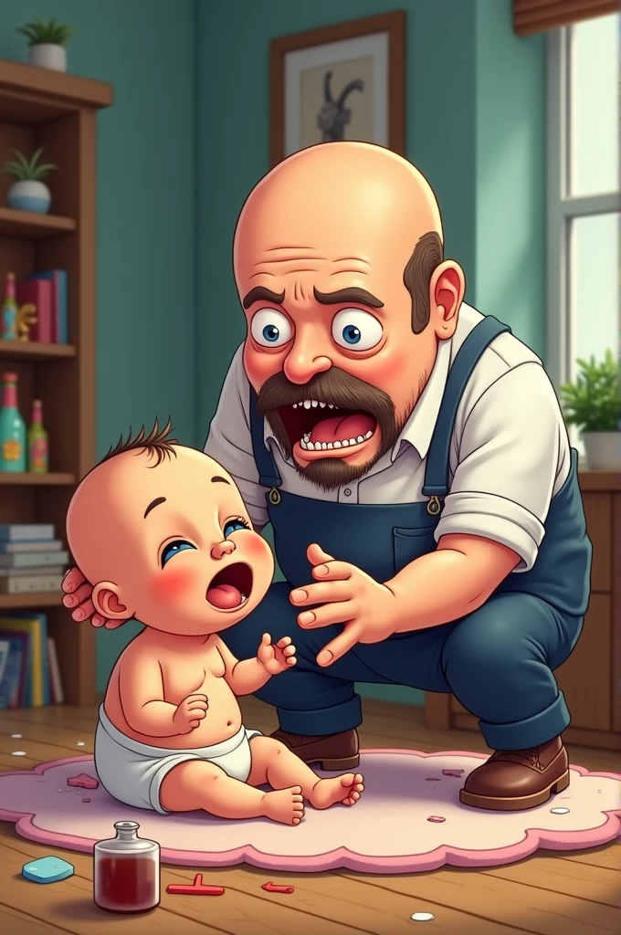 A cartoon of a very drunk bald man near a baby.