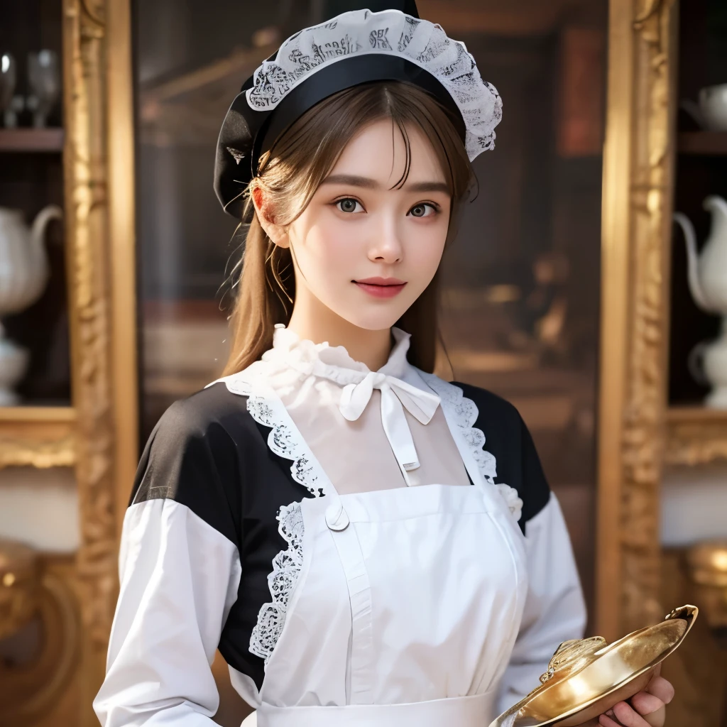 (Realistic:1.3), In detail, quality, Rembrandt Lighting, (masterpiece:1.2), (photoRealistic:1.2), (best quality), (Detailed skin:1.3), (Intricate details), dramatic, Ray Tracing, One person, Japanese, 21 years old, Detailed skin texture, (blush:0.5), (It gives me goosebumps:0.5), Scattered beneath the surface, smile, Medium chest, Long Hair, Blonde, bangs, Traditional maid, Long dress, hat, Lace trim, Frill apron, Holding (Silver serving tray:1.1) with teapot and teacups, Cowboy Shot, (indoor, A noble's mansion, living room, Luxurious, Brilliant, curio, Decorations), 