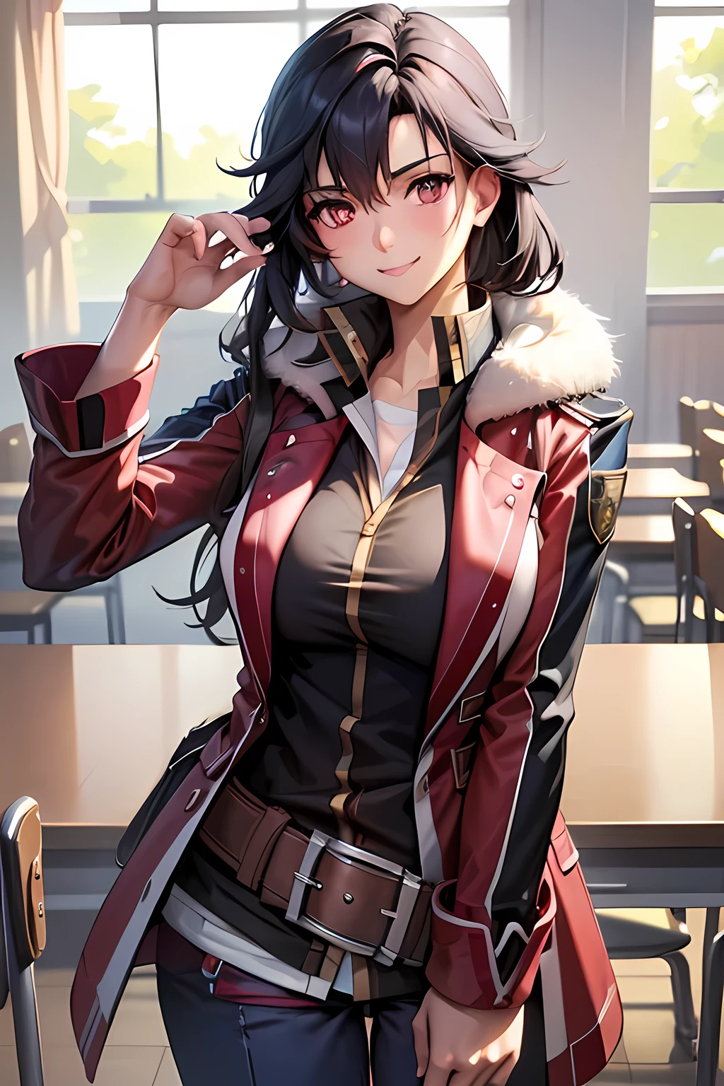 masterpiece, mischievous smile, light blush, looking at viewer, huge breasts, sexy pose, female rean schwarzer, long hair, red coat, fur trim, black shirt, brown belt, blue pants, detailed white classroom in the background