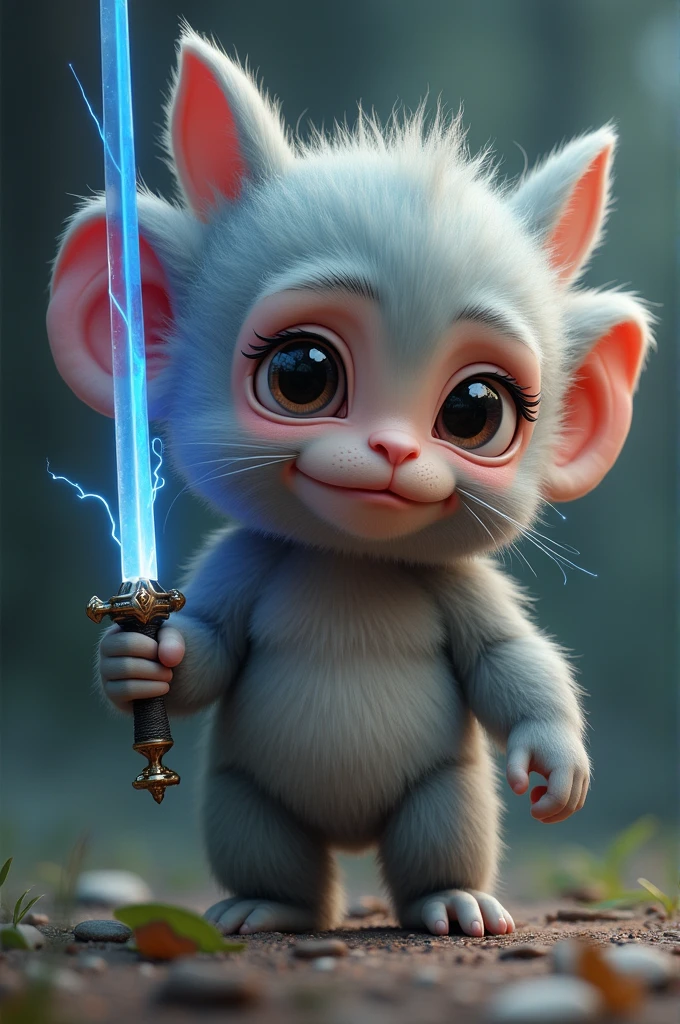 A cute little monster half monkey half rabbit, have only 2 ears look like rabbit, stands with 2 legs, furry, grey furs, holds great lighting sword, no monkey ears