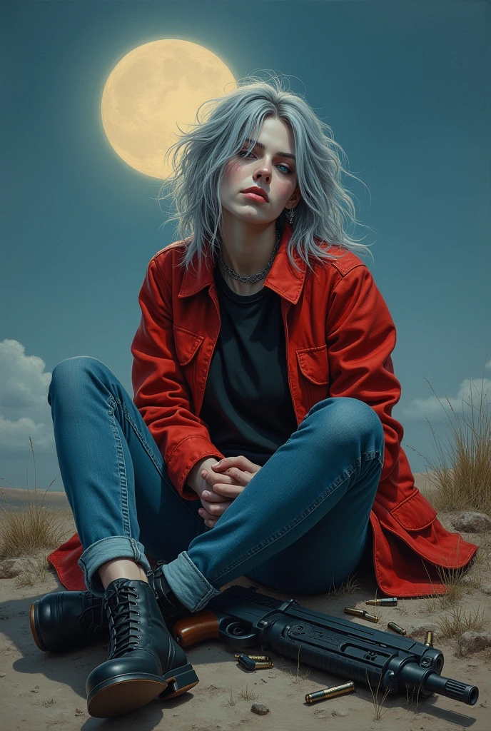(science fiction fantasy), (masterpiece), (professional oil painting) (Best Quality), (8k resolution), (1 beautiful girl), ((pale gray skin)), (iron gray skin), ((denim clothing)),(Red jacket)), ((black t-shirt underneath), ((Red lipstick)), ((black sneakers)), (Conceptual art), small chest, (by the wide), (messy hair), (by white), (iron gray hair), ((with futuristic weapon)), (ammunition), ((night moonlight)), (sitting thinking))