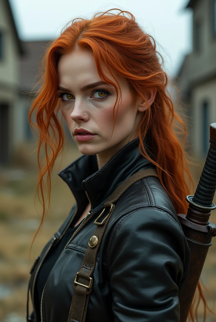 a one woman, 30years, redheadwear, yellow eyes, arched eyebrow, he would be, detailed leather clothing, faded wine bottle, sword in the back, abandoned village background.