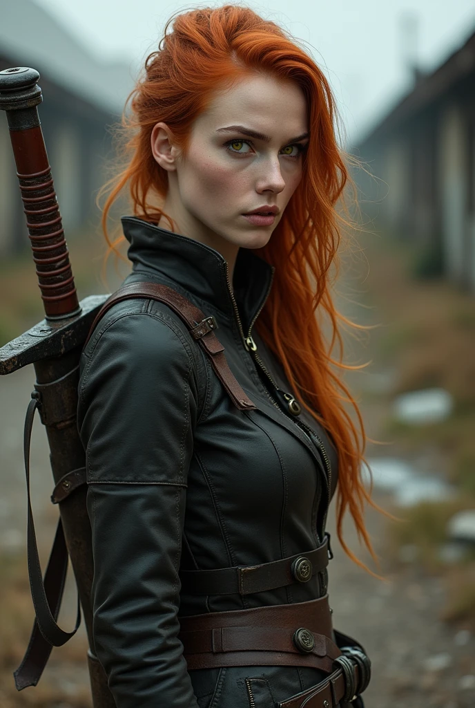 a one woman, 30years, redheadwear, yellow eyes, arched eyebrow, he would be, detailed leather clothing, faded wine bottle, sword in the back, abandoned village background.