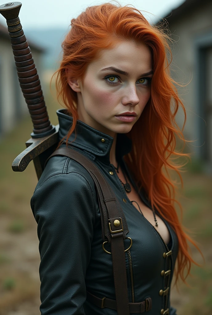 a one woman, 30years, redheadwear, yellow eyes, arched eyebrow, he would be, detailed leather clothing, faded wine bottle, sword in the back, abandoned village background.