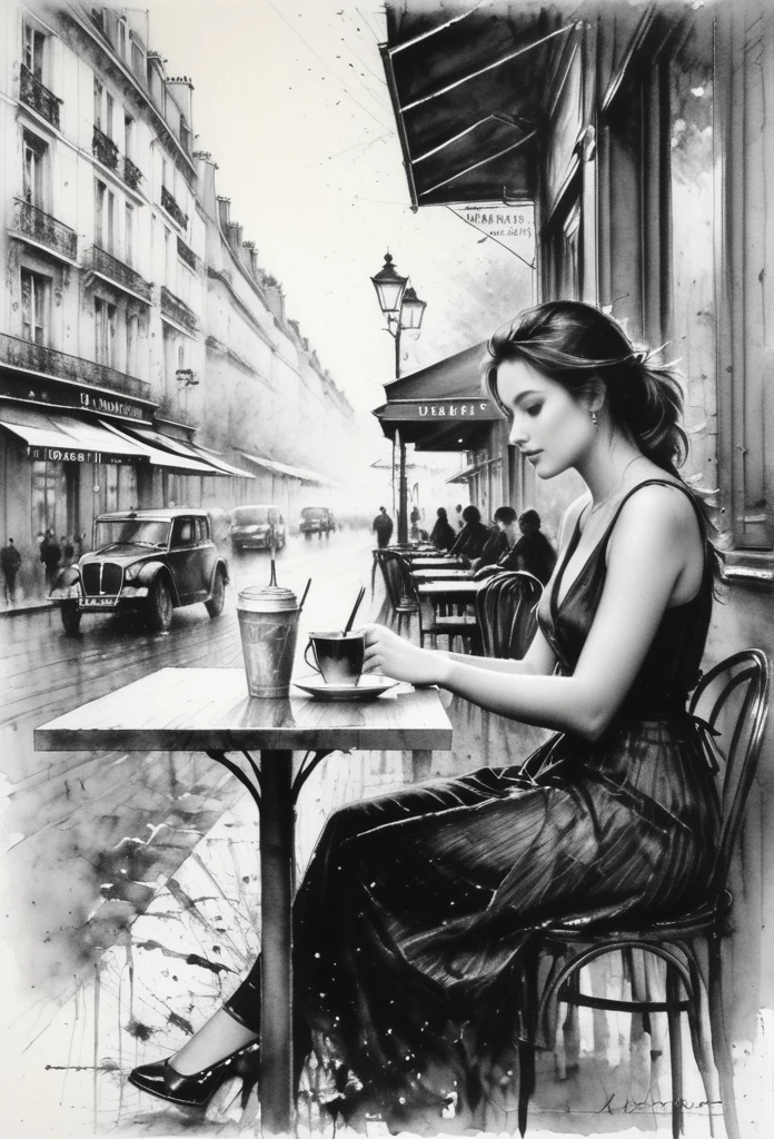 Charcoal drawing, crayons, black pencil drawing, pencil drawing, black and white drawing, graphite drawing, Poster, close-up, Full length, stunningly beautiful young woman sitting in a Parisian street cafe, portrait by Willem Henraets, watercolor, wet-on-wet and splatter technique, center, perfect composition, abstraction, surrealism Charcoal drawing, painting in the style of artists such as Russ Mills, Sakimichan, Vlop, Leush, Artgerm, Darek Zabrocki and Jean-Baptiste Monge,